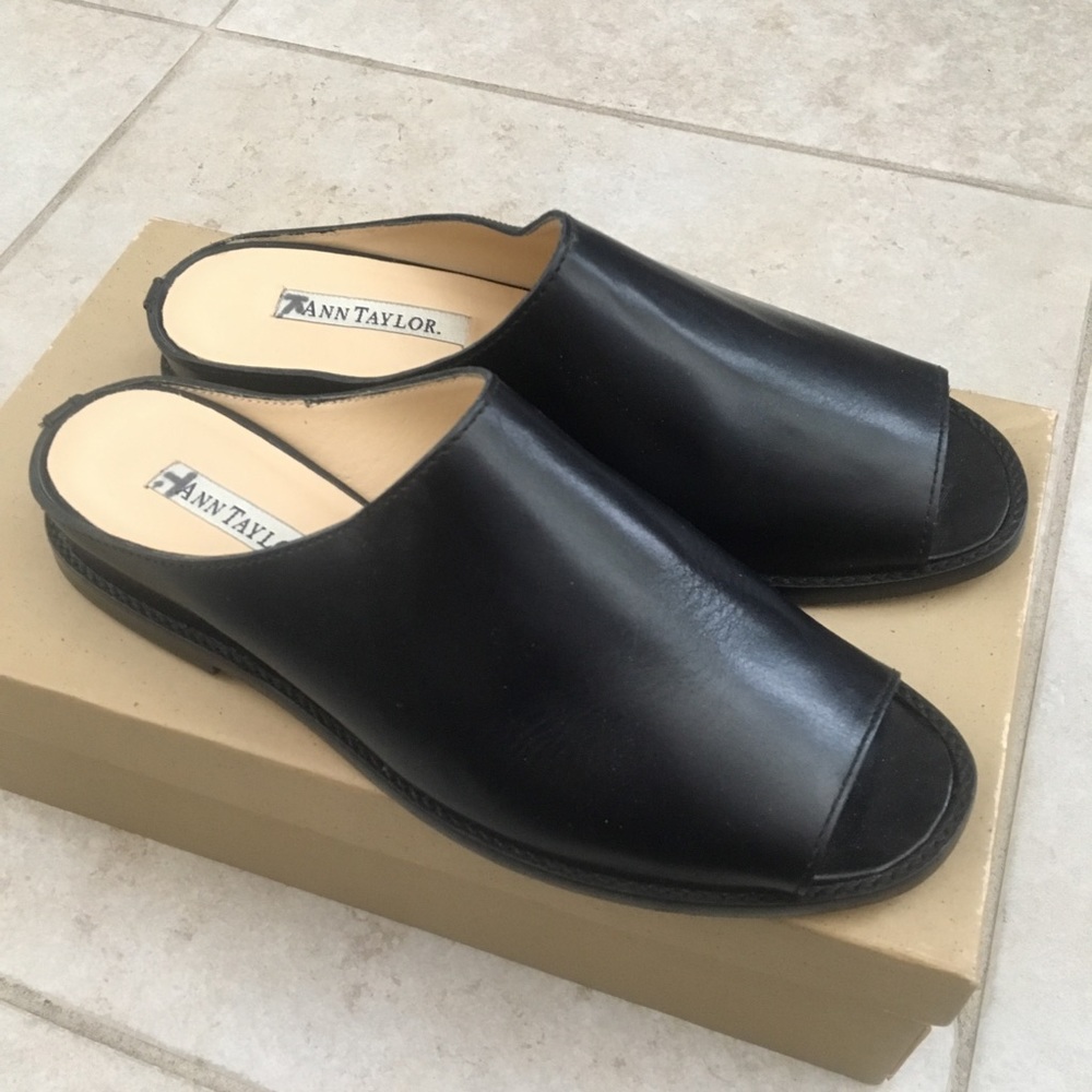Ann Taylor Black Leather Open Toe Mules